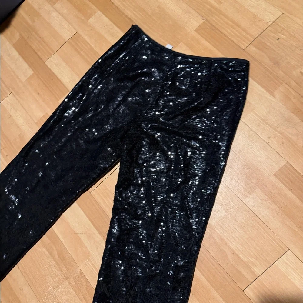 Chico's Black Sequin Wide Leg Pants sparkly evening Sz 1 embellished - Picture 6 of 7